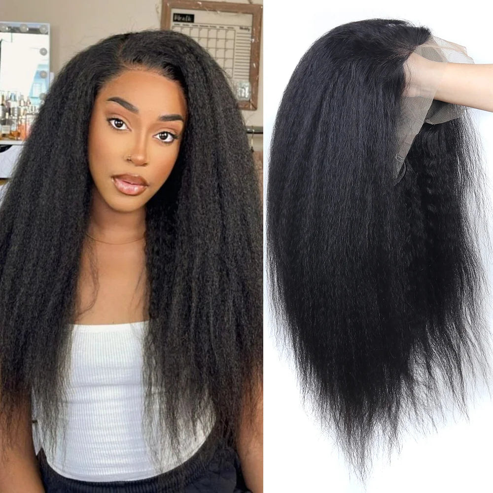 Kinky Straight Lace Front Wigs Human Hair 13x4 Yaki Straight Human Hair Lace Front Wigs Pre Plucked Transparent Wigs 12"-30"