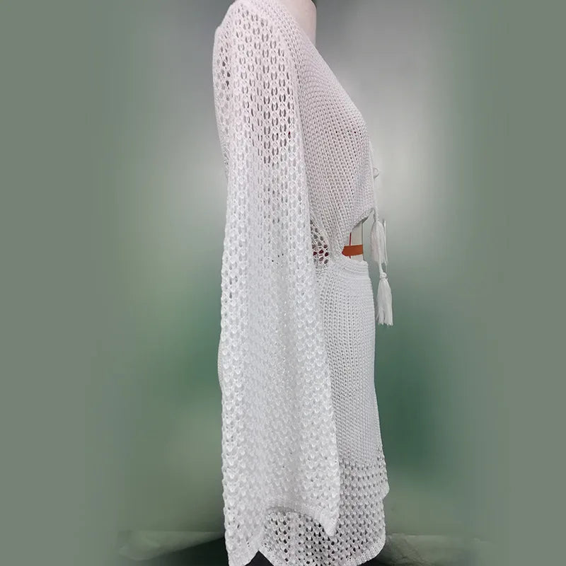 2024 Bikini Cover-up Beach White Crochet Tunic Knitted Summer Bodycon Mini Dress See Through Hollow Out Sexy Women Cover Up