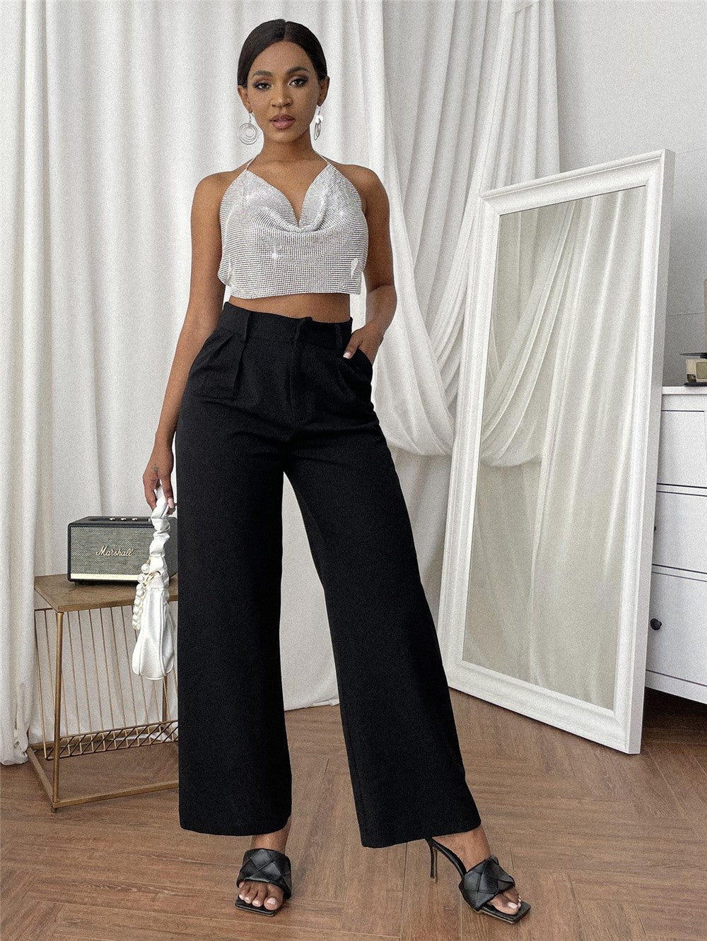 ClubWear Camis for Female Streetwear Y2k Women's Crop Top Sling Metal Sequins Backless Blouse Cushion Belt Adjustable Halter Top
