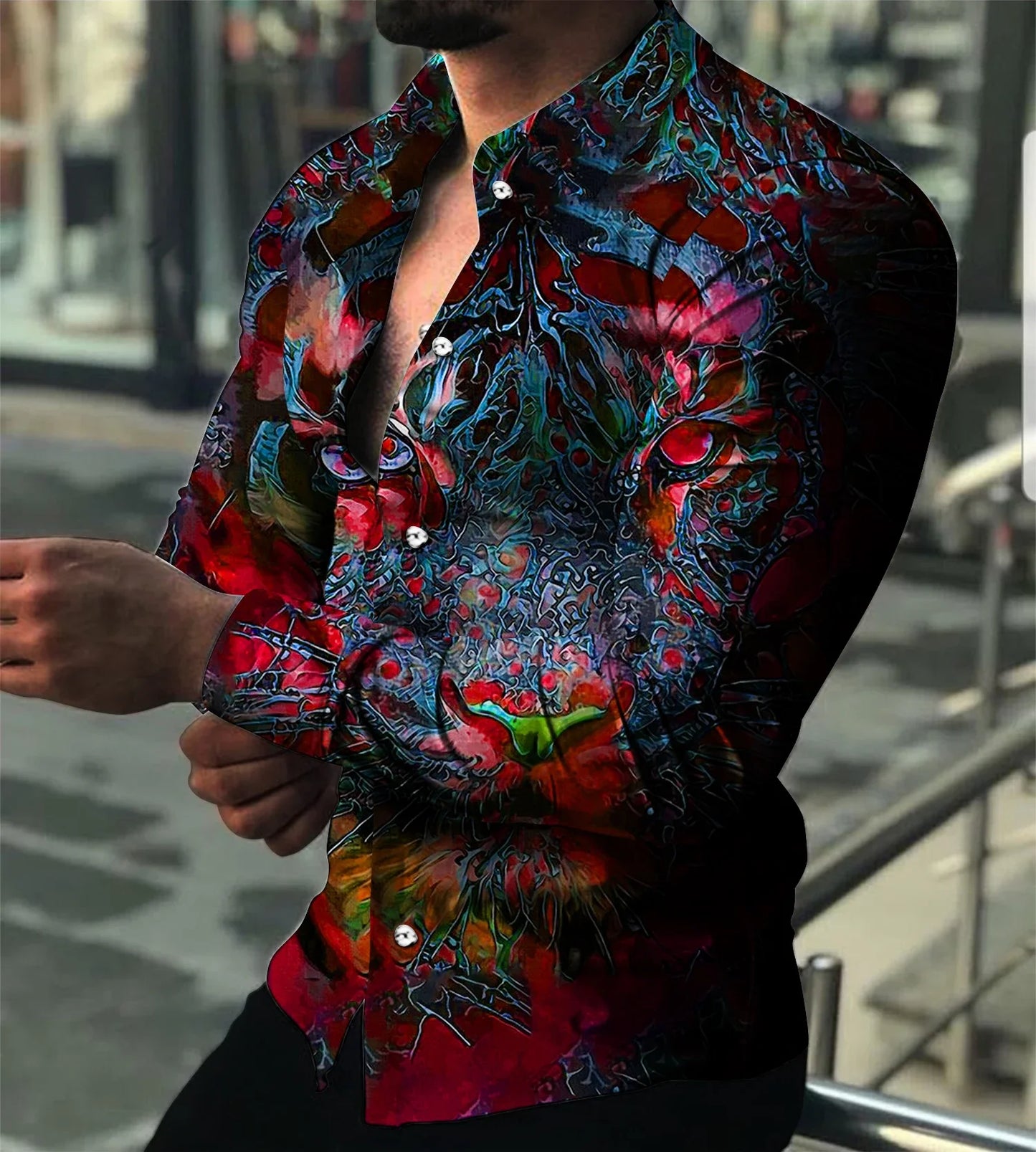 2023 Fashion Luxury Men's Shirt Lapel Button Down Shirt Long Sleeve Tops Animal Head Print Large Size Cool Street Party Wear 3XL