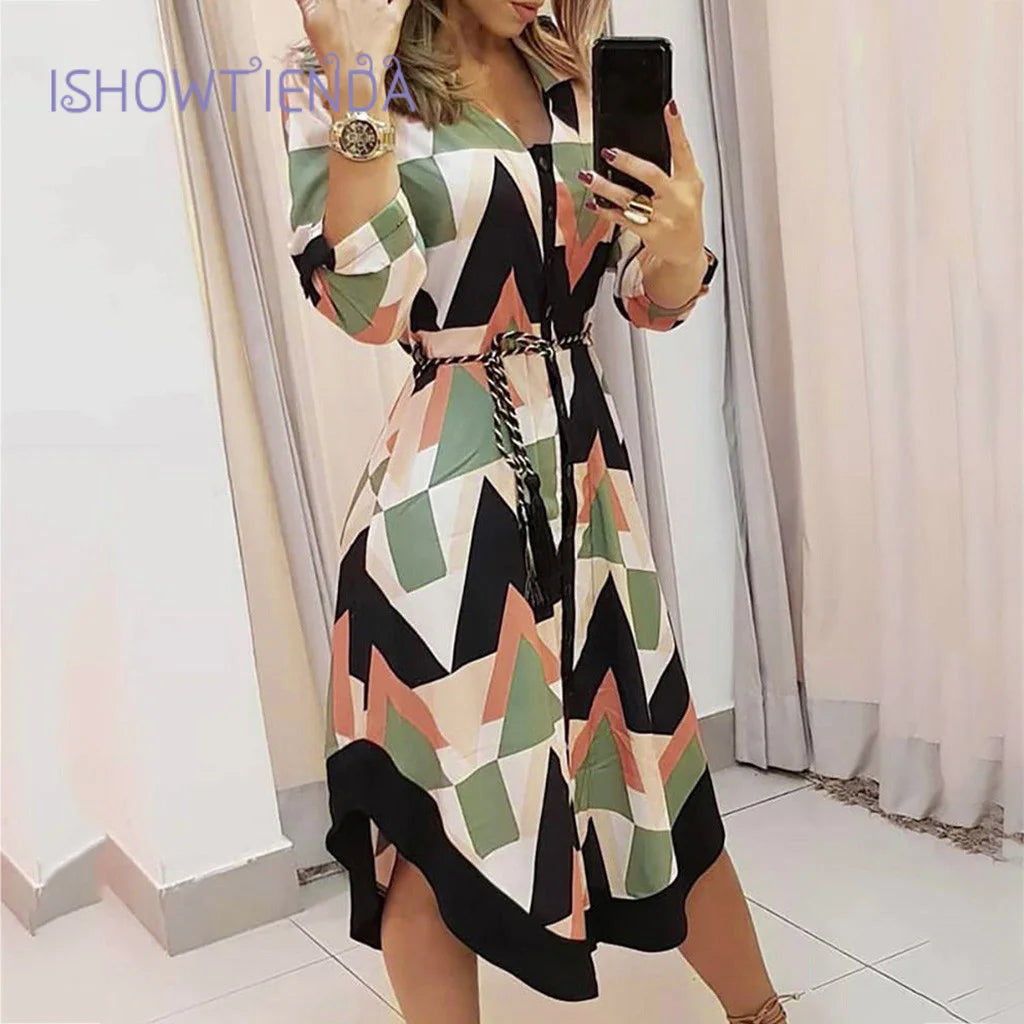 Women'S New Fashion Long Sleeve Printed Shirt Skirt Women'S Long Dress Temperament Commuter Round Neck Women'S A-Line Skirt