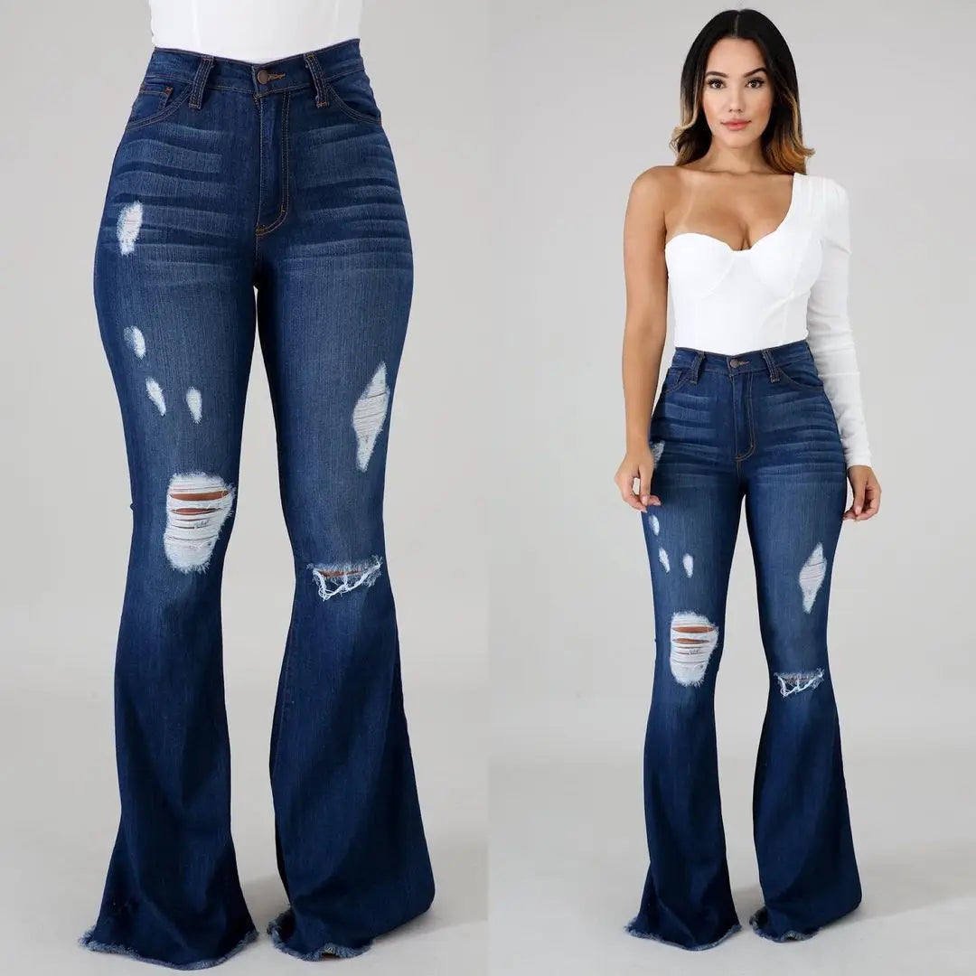 2025 Spring New High Waist Ripped Flared Jeans For Women Fashion Stretch Slim Denim Pants Casual Female Clothing S-3XL Drop Ship