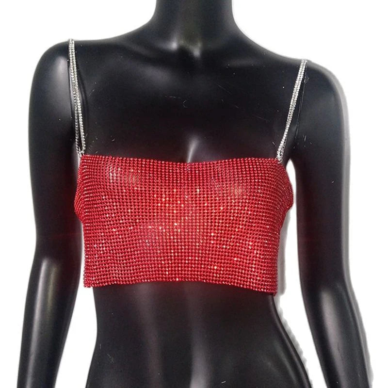 FestivalQueen 2023 Sequin Shiny Crystal Chain Tank Top Glitter Metal Mesh Halter Metallic Strap Crop Tops Festival  Party Sexy W