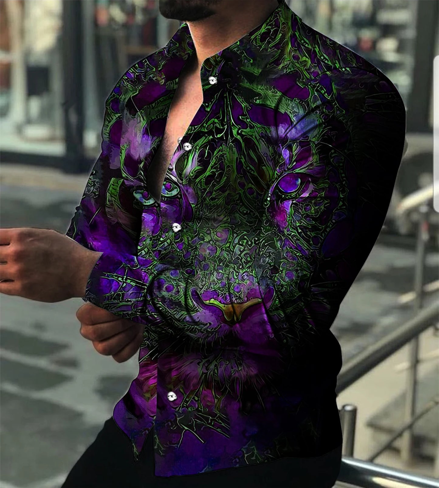 2023 Fashion Luxury Men's Shirt Lapel Button Down Shirt Long Sleeve Tops Animal Head Print Large Size Cool Street Party Wear 3XL