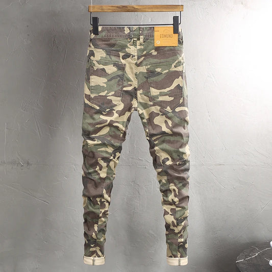 Fashion Vintage Men Jeans Camo Trousers Elastic Slim Fit Hip Hop Jeans Men Spliced Designer Casual Denim Pants