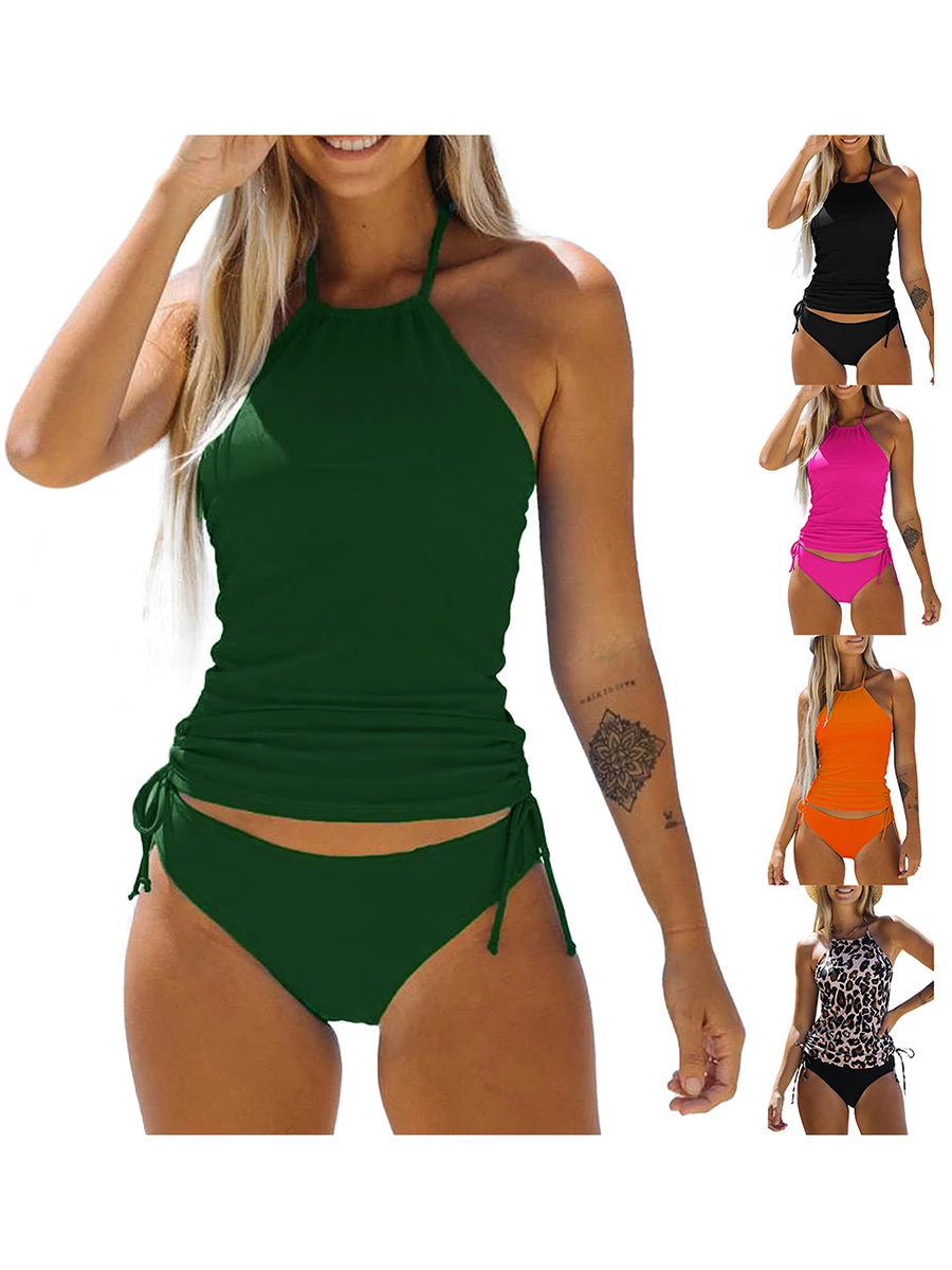 Women's 2 Piece Outfits Swimwear Bikini Set Coquette Sexy Halter Sleeveless Backless Crop Tops Solid Color Panties
