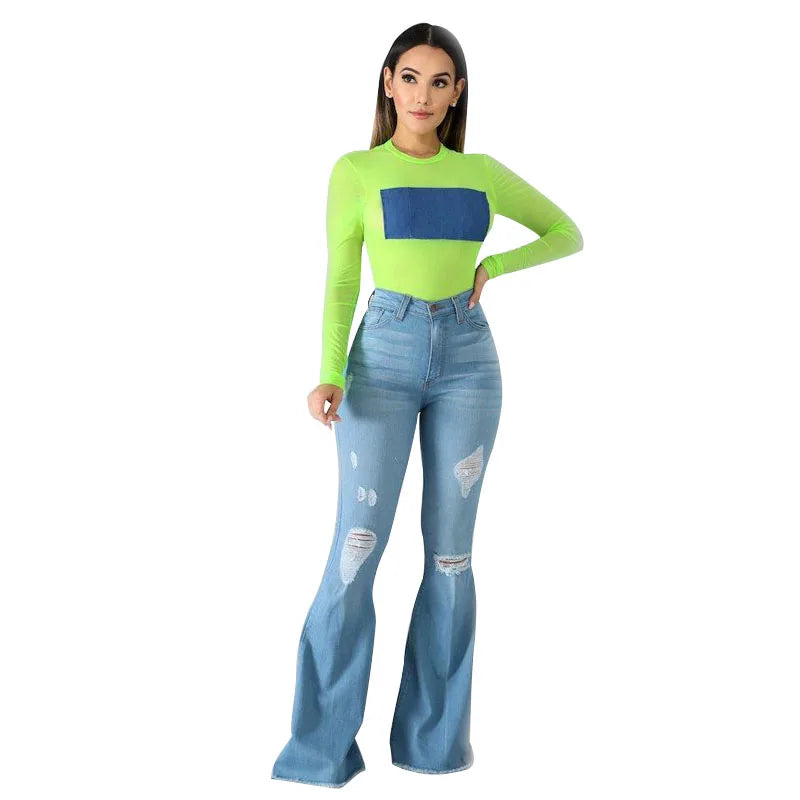 2025 Spring New High Waist Ripped Flared Jeans For Women Fashion Stretch Slim Denim Pants Casual Female Clothing S-3XL Drop Ship