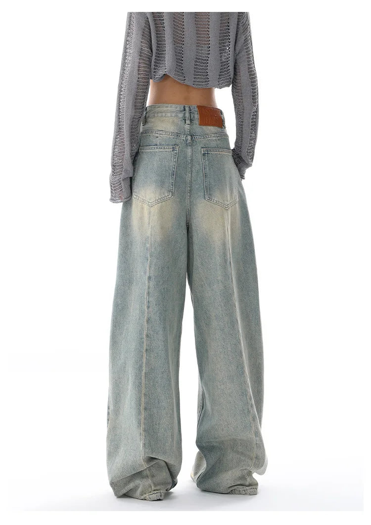 Personality Street Vintage Light Blue Wide-leg Jeans, Spring and Summer New Fashion Casual Loose Floor Length Jeans for Women