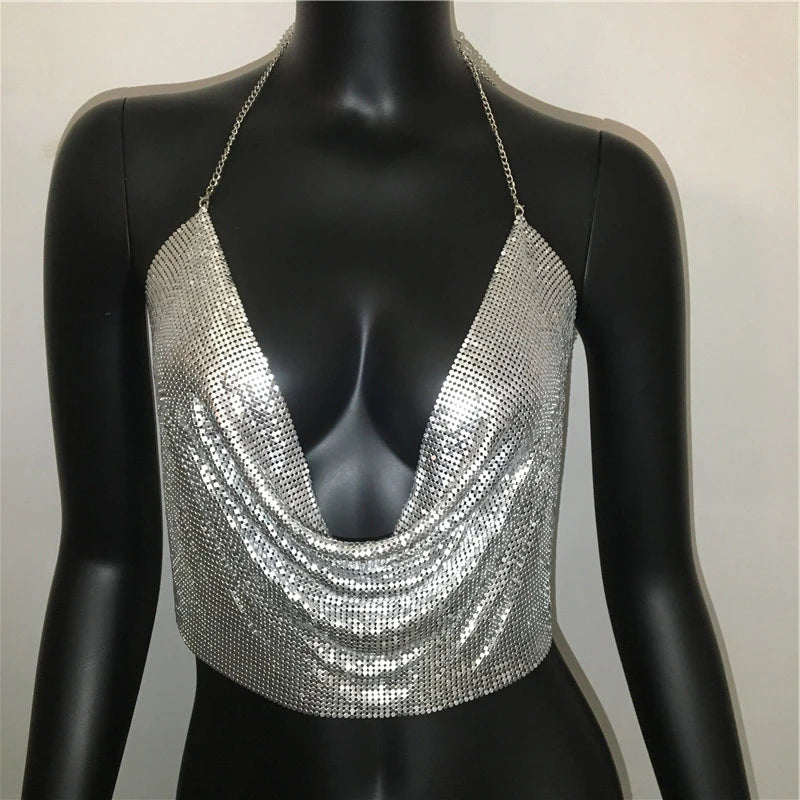 Women 2025 Sexy Metal Sequined Tank Camis Summer Gold Silver Backless Cropped Glitter Beach Club Show Wear Tank Tops