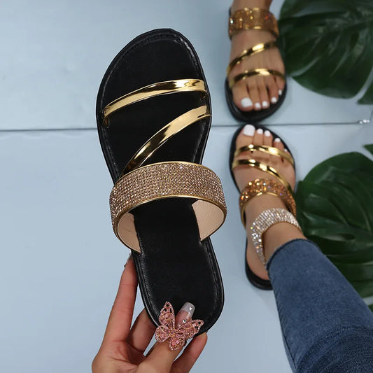 Summer Women Sandals Flat Sandal Sparkle Rhinestone Slide Trendy Women's Beach Sparkly Dressy Slip on Bling Casual Shoes