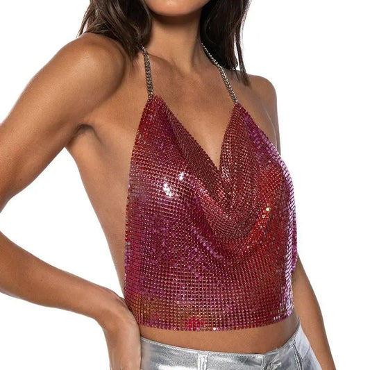Sexy Metal Sequins Tank Top For Women 2025 Summer V Neck Backless Crop Tops Luxury Solid Short Party Nightclub Tank Tops