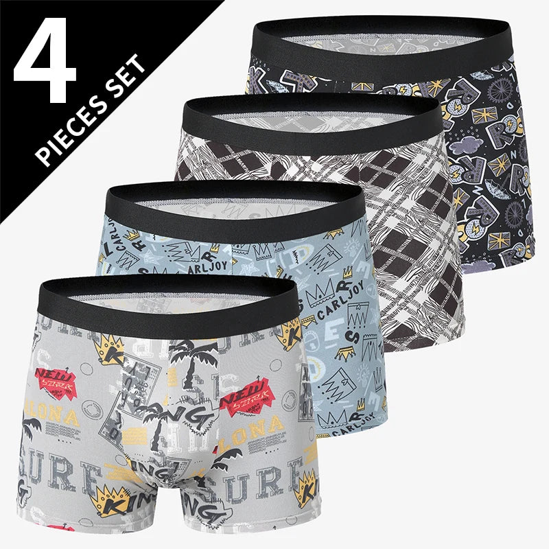 4 Pcs European and American Size MEN'S Printed Fashion Boyshort Comfortable MEN'S Waist plus Size Underwear Sexy Swimming Trunk