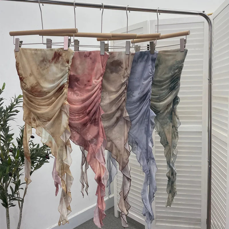 Women's Tie Dye Ruffled Ribbon Mesh Tube Top Irregular Mesh Sleeveless Tube Top Sexy Backless Vest Party Leisure Essential 9956