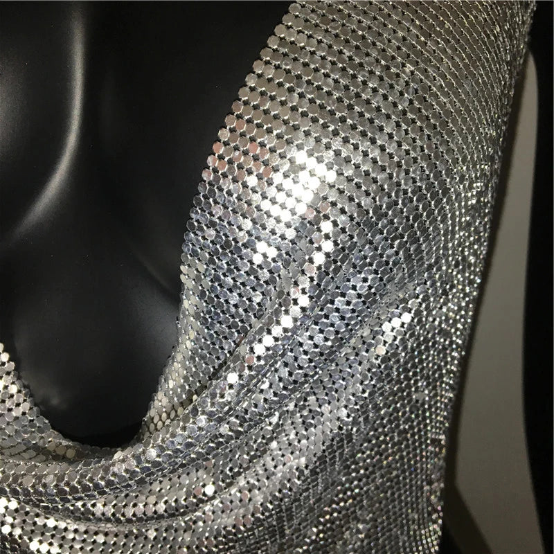 Women 2025 Sexy Metal Sequined Tank Camis Summer Gold Silver Backless Cropped Glitter Beach Club Show Wear Tank Tops
