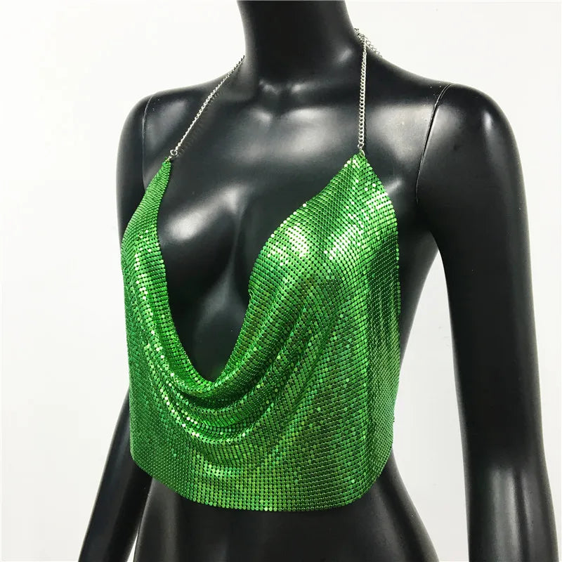 AKYZO Women 2025 Sexy Metal Sequined Tank Camis Summer Gold Silver Backless Cropped Glitter Beach Club Show Wear Tank Tops
