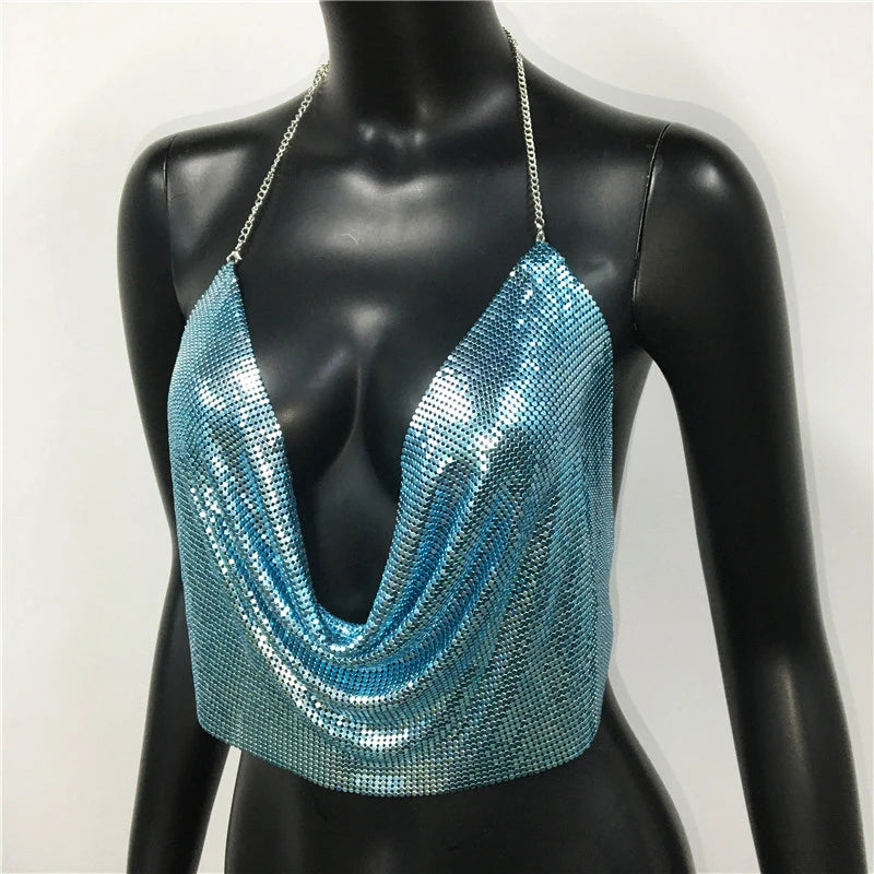 Women 2025 Sexy Metal Sequined Tank Camis Summer Gold Silver Backless Cropped Glitter Beach Club Show Wear Tank Tops