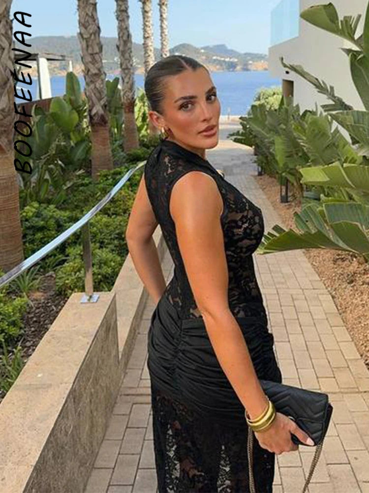 BOOFEENAA See Through Lace Sexy Black Dresses Women 2024 Hollow Out Sleeveless High Split Long Dress Party Club Outfits C92-EI32