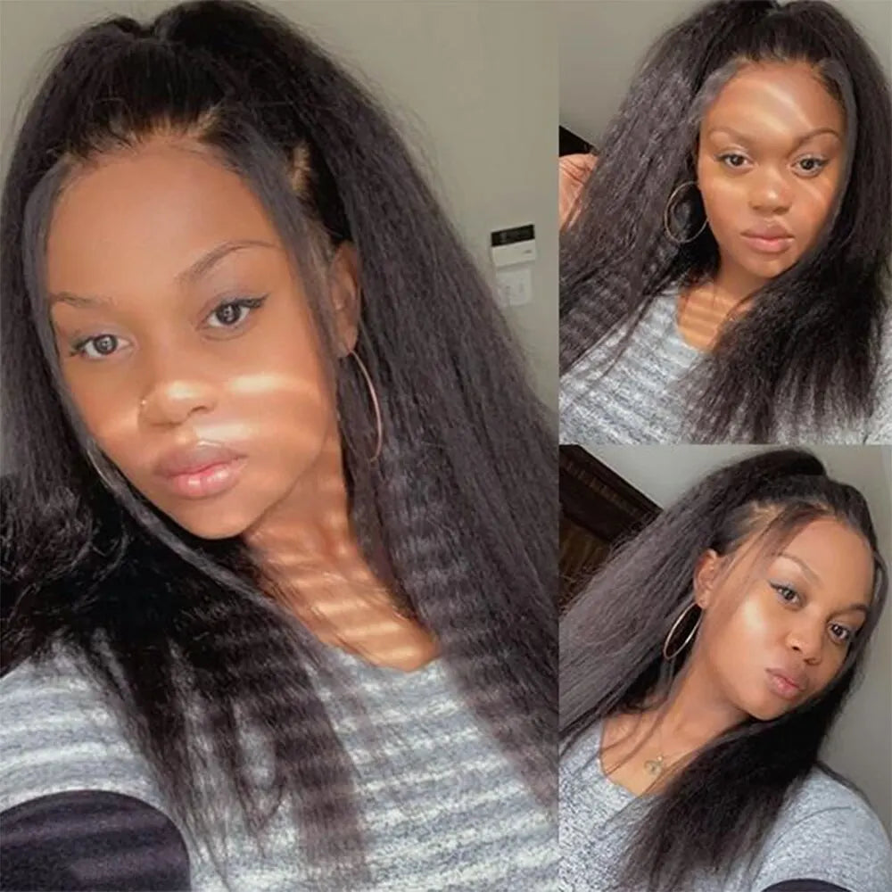 Kinky Straight Lace Front Wigs Human Hair 13x4 Yaki Straight Human Hair Lace Front Wigs Pre Plucked Transparent Wigs 12"-30"
