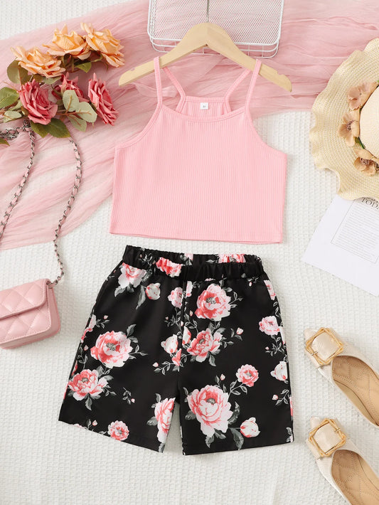 2PCS Child Girl Lovely Clothes Set Pink Sling Short Sleeveless Top+Flower Shorts Seaside Casual Daily Wear Kids Girl 8-12 Years