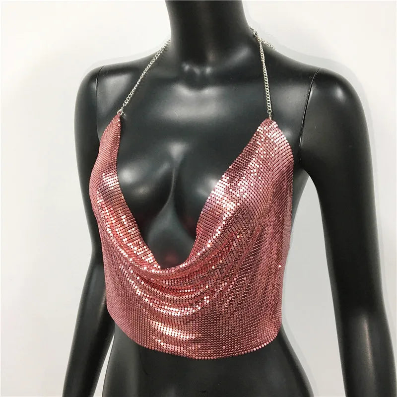 Women 2025 Sexy Metal Sequined Tank Camis Summer Gold Silver Backless Cropped Glitter Beach Club Show Wear Tank Tops
