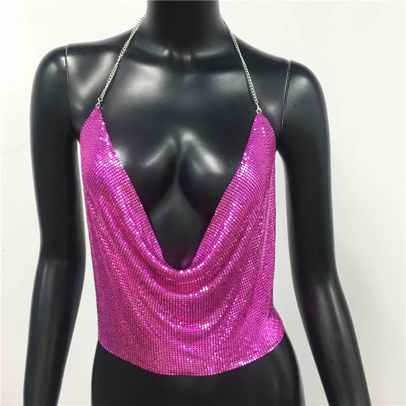 Sexy Metal Sequins Tank Top For Women 2025 Summer V Neck Backless Crop Tops Luxury Solid Short Party Nightclub Tank Tops