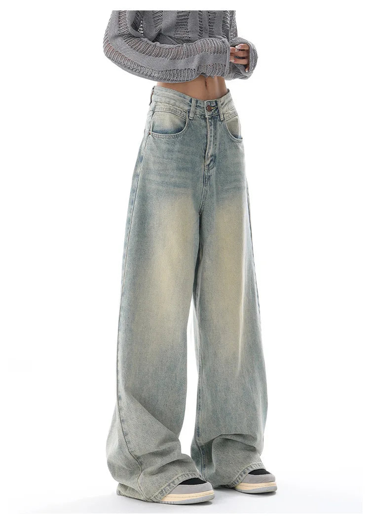 Personality Street Vintage Light Blue Wide-leg Jeans, Spring and Summer New Fashion Casual Loose Floor Length Jeans for Women