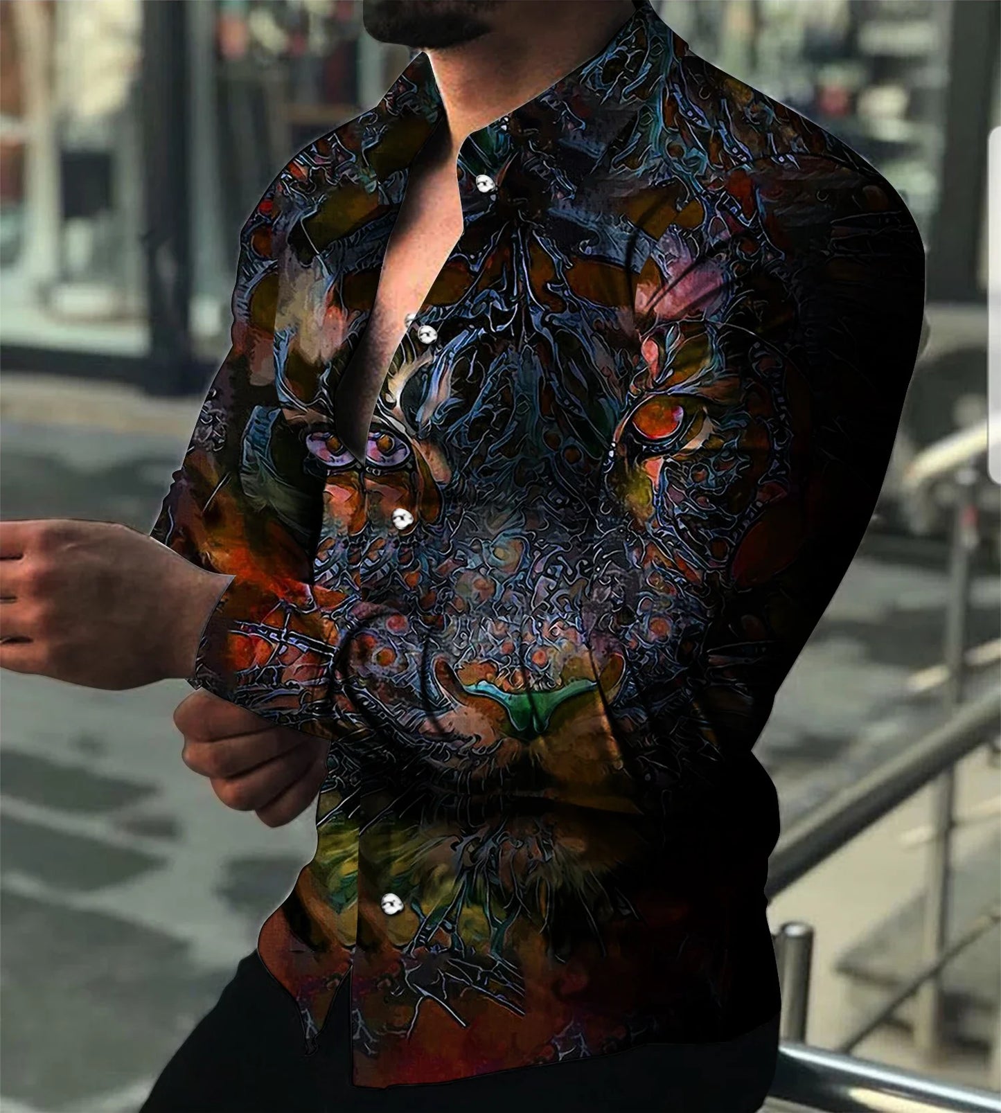 2023 Fashion Luxury Men's Shirt Lapel Button Down Shirt Long Sleeve Tops Animal Head Print Large Size Cool Street Party Wear 3XL