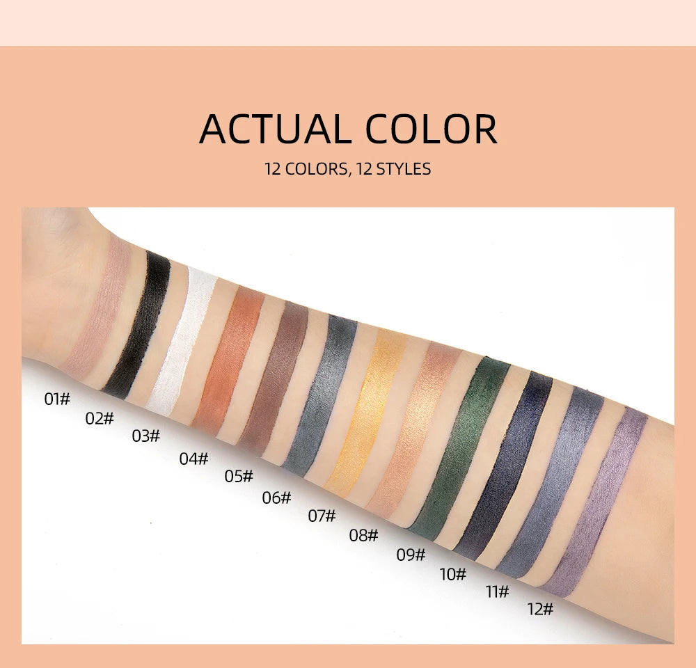 12 Colors Pearlescent Eyeshadow Pencil Waterproof Long Lasting Glitter Shimmer Eye Shadow Pen Eyeliner Stick Eyes Makeup Tools