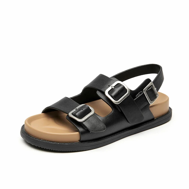BeauToday Casual Sandals Women Genuine Leather Metal Ankle Buckle Strap Summer Beach Ladies Low Heel Sport Shoes Handmade 38128