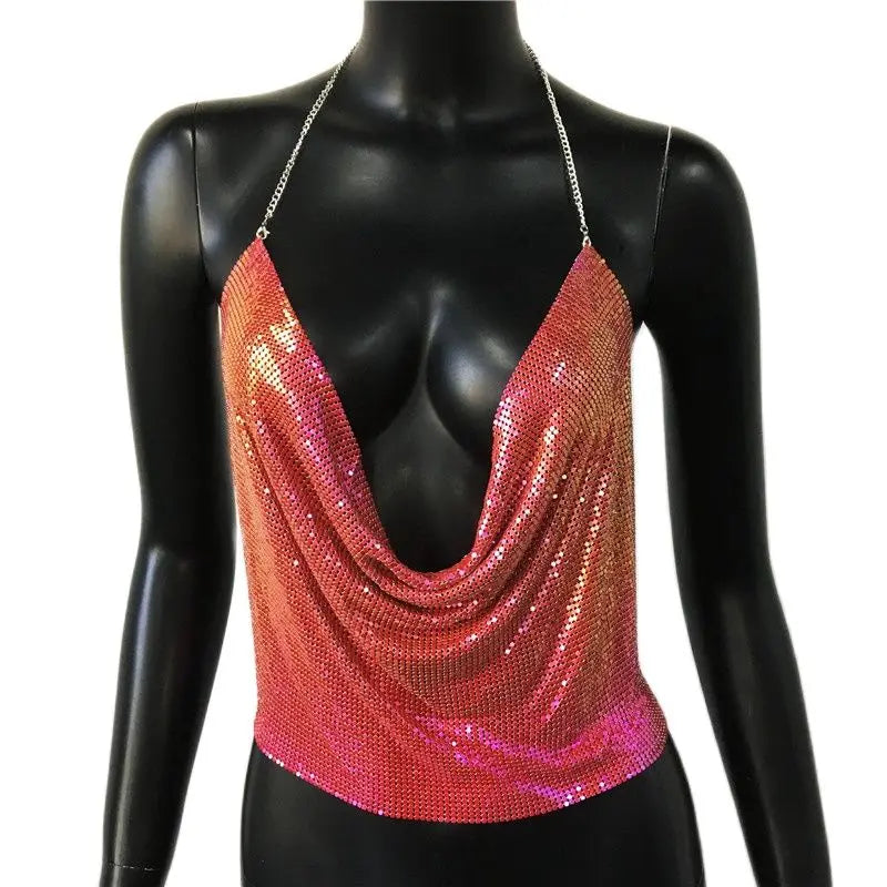 Sexy Metal Sequins Tank Top For Women 2025 Summer V Neck Backless Crop Tops Luxury Solid Short Party Nightclub Tank Tops