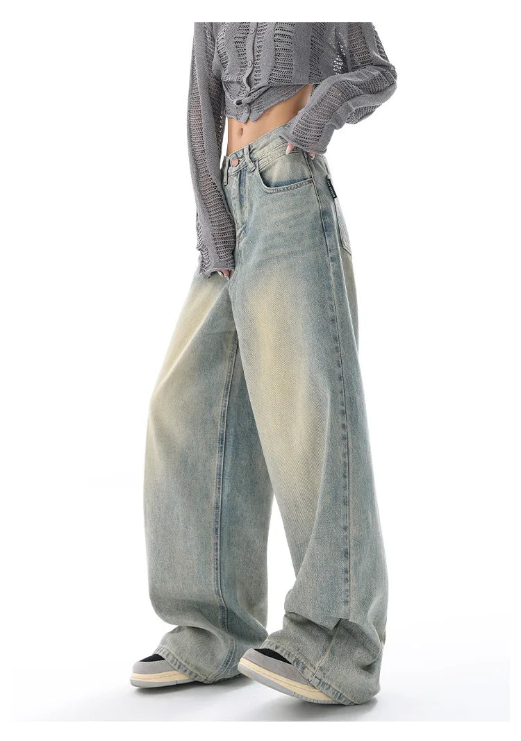 Personality Street Vintage Light Blue Wide-leg Jeans, Spring and Summer New Fashion Casual Loose Floor Length Jeans for Women