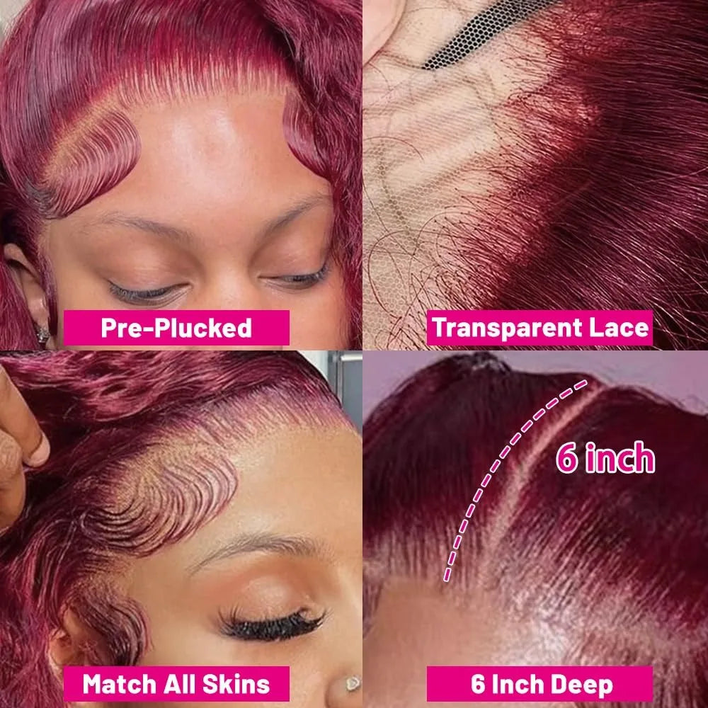 13x6 Lace Front Wigs Human Hair 200% Density 99j Burgundy Lace Front Wigs Human Hair 28 inch Body Wave Lace Front Wigs Brazilian