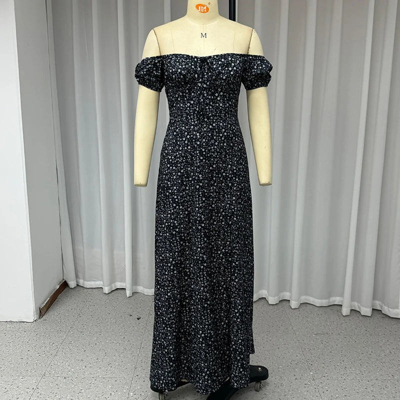 Wefads Women Maxi Dress Elegant Floral Printed Short Sleeve Off Shoulder Tie Up Slit Slim Beach Long Dresses Streetwear