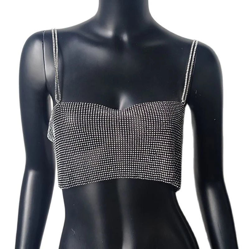 FestivalQueen 2023 Sequin Shiny Crystal Chain Tank Top Glitter Metal Mesh Halter Metallic Strap Crop Tops Festival  Party Sexy W