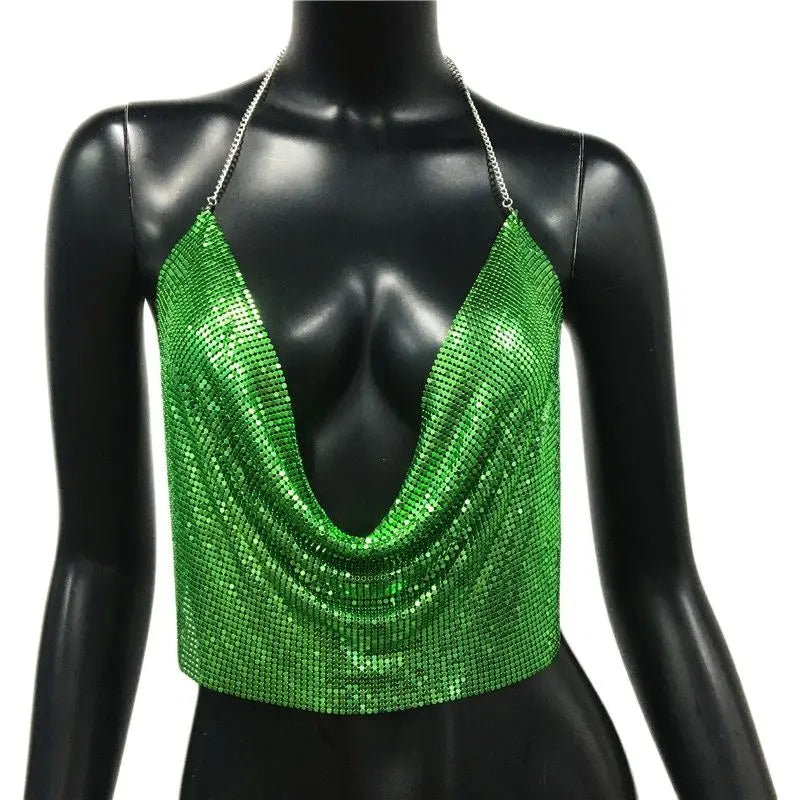 Women 2025 Sexy Metal Sequined Tank Camis Summer Gold Silver Backless Cropped Glitter Beach Club Show Wear Tank Tops