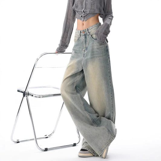 Personality Street Vintage Light Blue Wide-leg Jeans, Spring and Summer New Fashion Casual Loose Floor Length Jeans for Women
