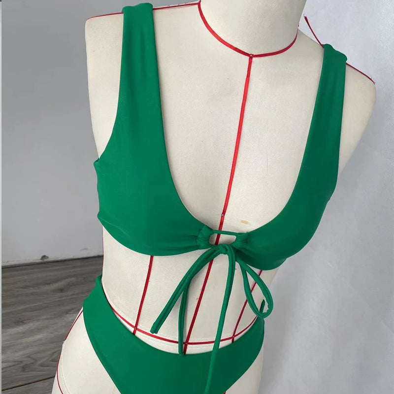 BEACHCICI Women Bikini Two Piece Summer Sexy Simple Solid V neck Suspender Lace Up High Waist Slim Vacation Beach Swimsuit