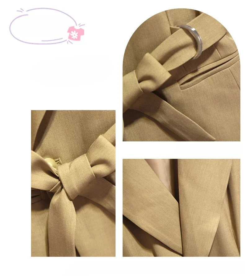 Women's Blazer 2024 Autumn New Korean Fashion Stylish Tie Waist Jacket Unique Luxurious Outerwear for Women Medium Length Jacket