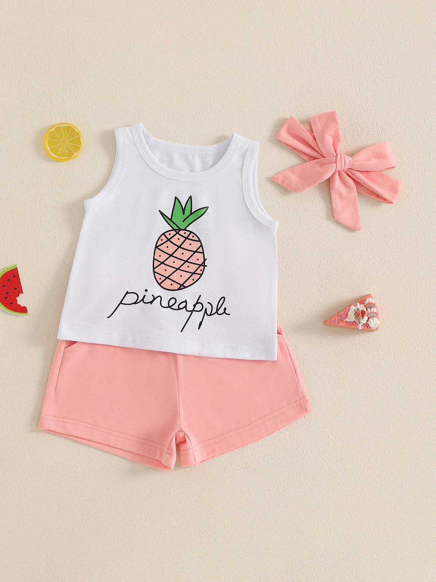 Adorable Infant Girl Tropical Print Sleeveless Top Elastic Waist Shorts Matching Headband 3 Piece Outfit Set for Summer