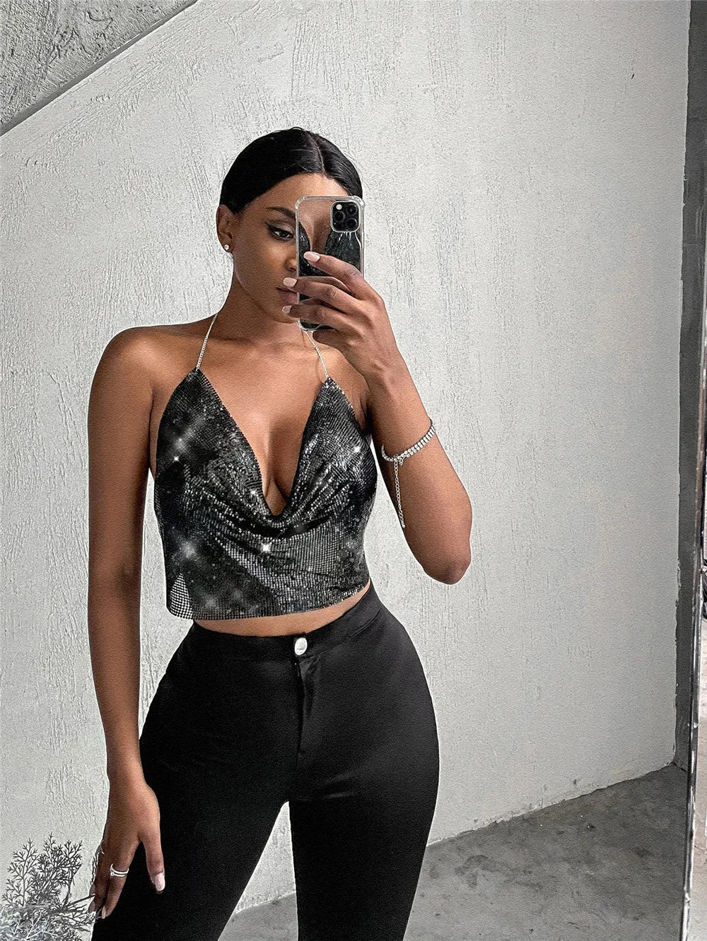 Women's Sexy Metal Sequins Open Back Chain Sling Vest Top Sexy Nightclub Party Tank Tops ﻿