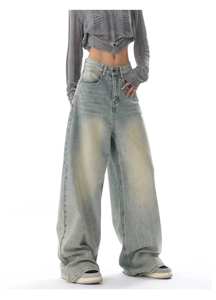 Personality Street Vintage Light Blue Wide-leg Jeans, Spring and Summer New Fashion Casual Loose Floor Length Jeans for Women