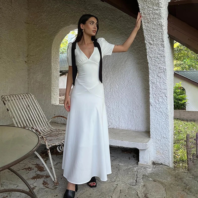 WhereMery Elegant Temperament Bow Summer Casual Maxi Dresses V-Neck Y2K Women's Long Dress Evening Party Office Holiday Vestidos