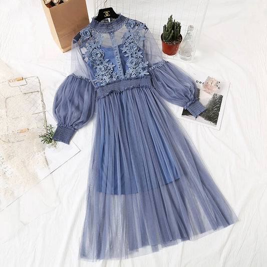 Lace Flower Dress Women Lantern Sleeve Voile Long Dress Female Hook Princess Dresses 2 Piece Set New Robe Vestidos 12041