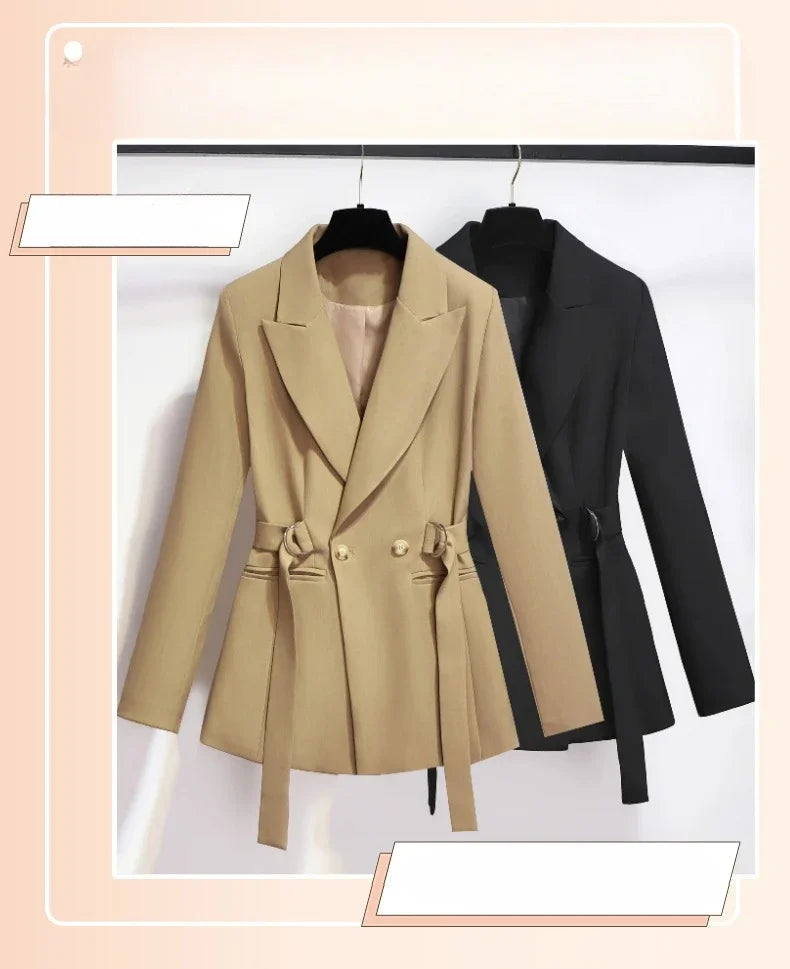 Women's Blazer 2024 Autumn New Korean Fashion Stylish Tie Waist Jacket Unique Luxurious Outerwear for Women Medium Length Jacket