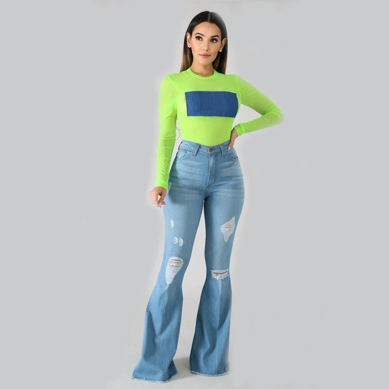 2025 Spring New High Waist Ripped Flared Jeans For Women Fashion Stretch Slim Denim Pants Casual Female Clothing S-3XL Drop Ship