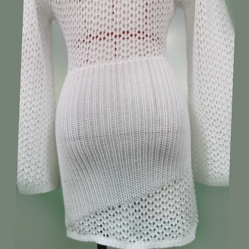 2024 Bikini Cover-up Beach White Crochet Tunic Knitted Summer Bodycon Mini Dress See Through Hollow Out Sexy Women Cover Up
