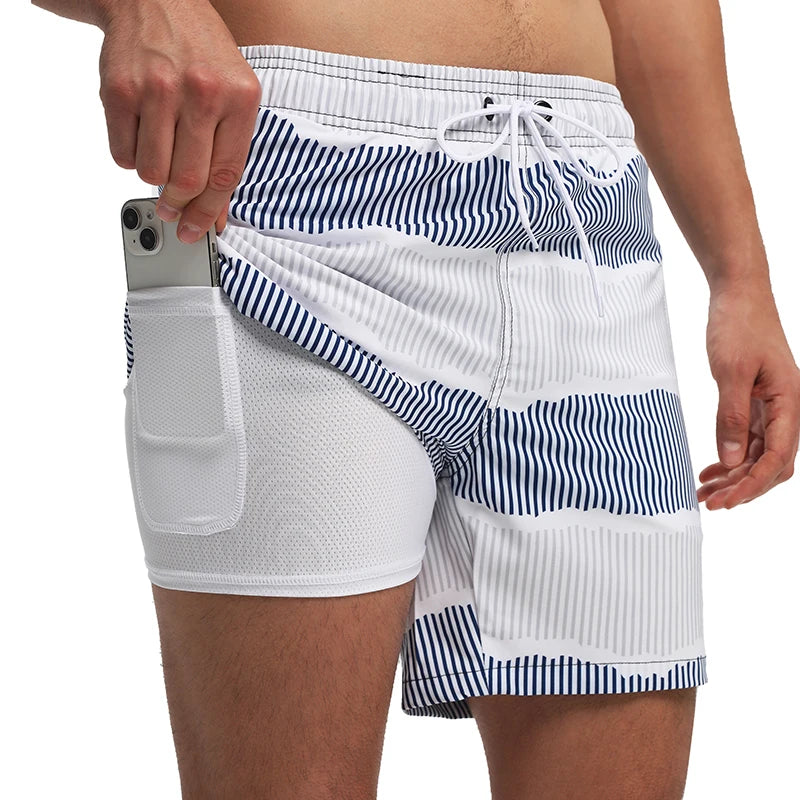 ESCATCH 2025 New Arrival Mens Swimming Trunks Compression Liner 2 in 1 Printing Quick-Dry Gym Sports Mens Shorts Zipper Pockets