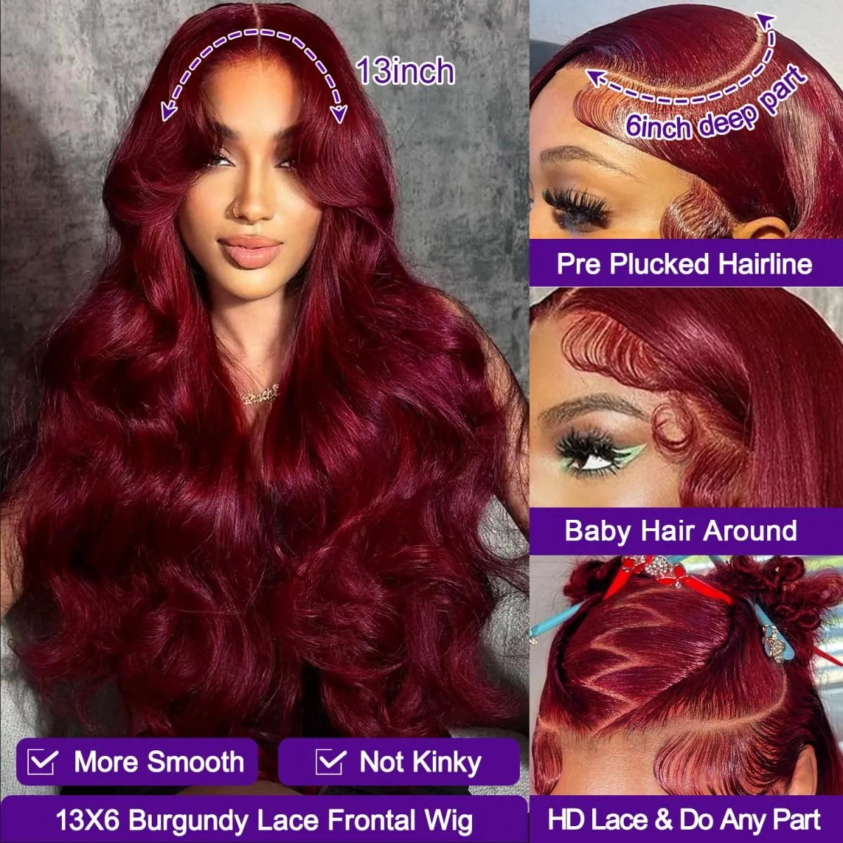 13x6 Lace Front Wigs Human Hair 200% Density 99j Burgundy Lace Front Wigs Human Hair 28 inch Body Wave Lace Front Wigs Brazilian