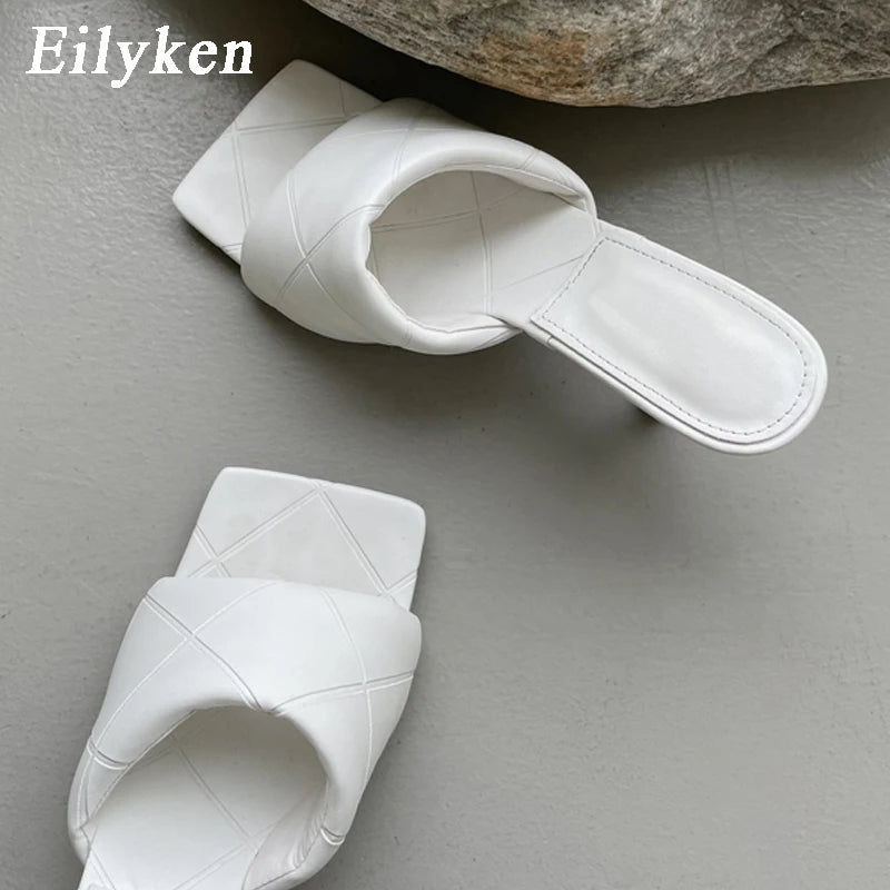 Eilyken Summer New Women Slipper Peep Toe Thin High Heel Sandal Shoes Ladies High Quality PU Leather Slides Pumps