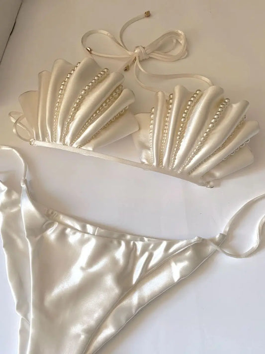 High-Grade Pearl White Bikini Women's Small Chest Push up Swimsuit Seaside Vacation